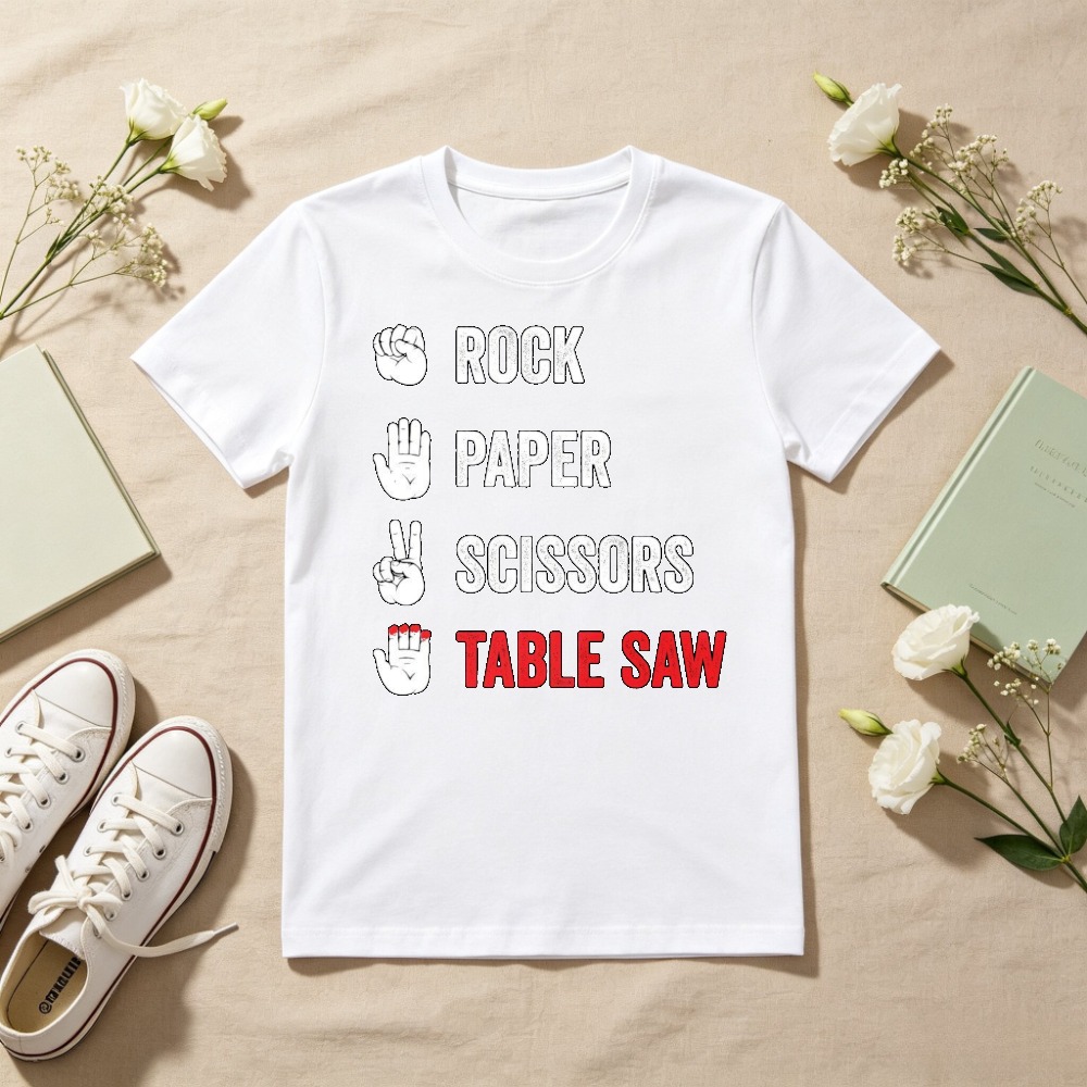 Woodworking Jokes - じゃんけんテーブルソー グラフィックプリント 面白い大人向けジョークTシャツ 木工職人 ワークマン ギフト